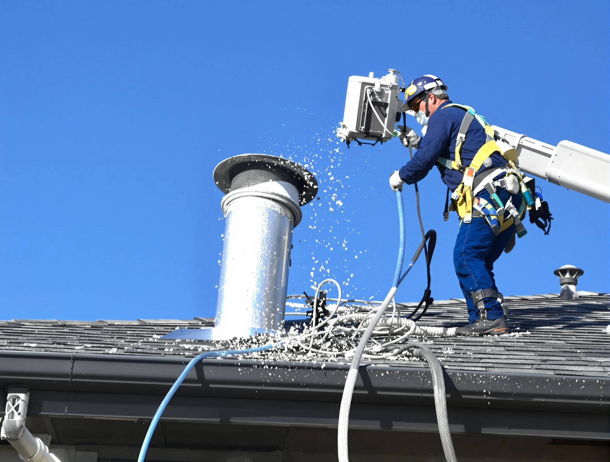 La Cienega Dryer Vent Cleaning certified technician safely cleaning a roof-mounted dryer vent in La Cienega